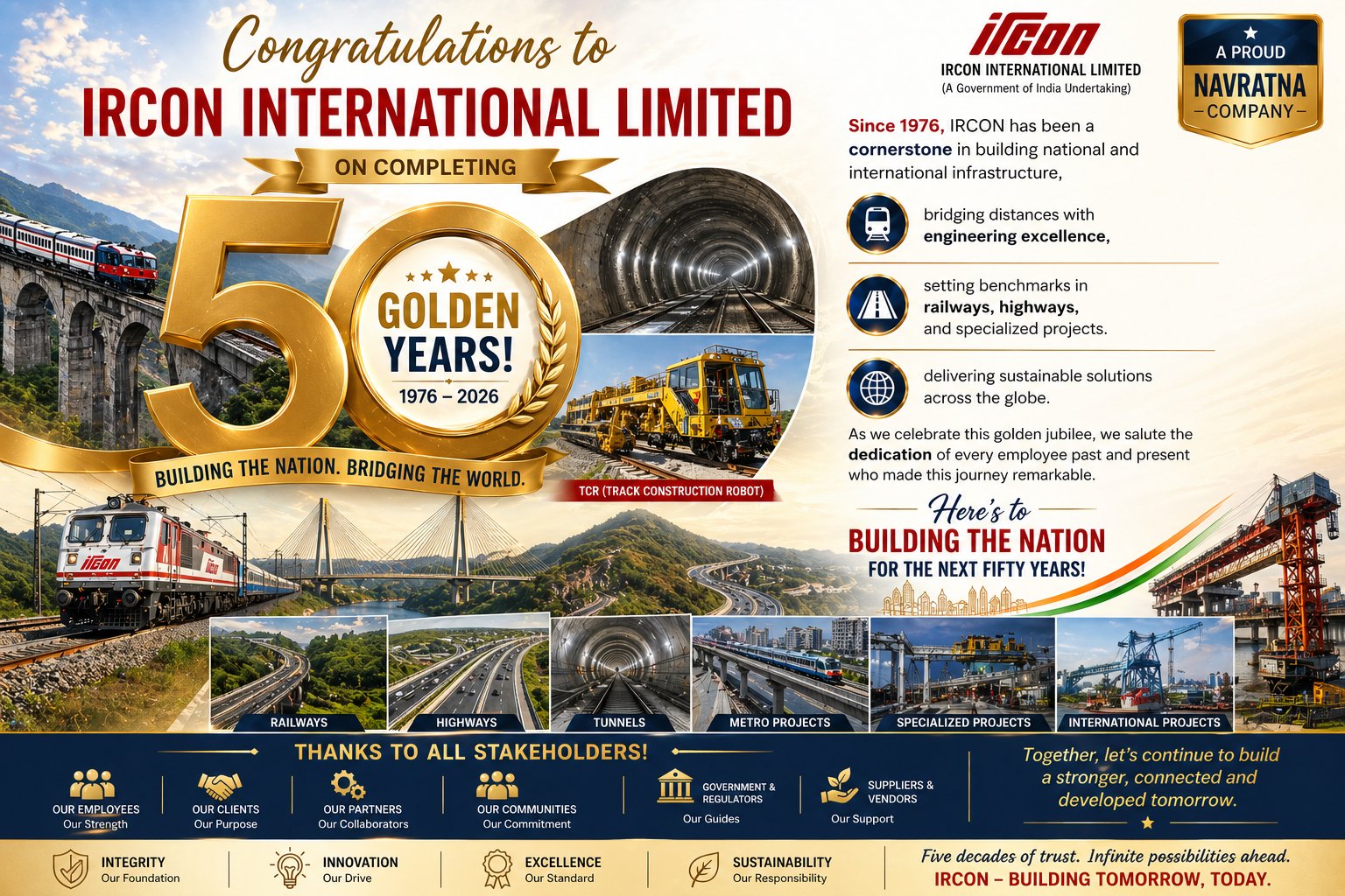 Congratulations to IRCON International Limited on completing 50 golden years! Since 1976, IRCON has been a cornerstone i